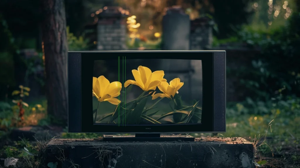 Image d'une télé située dans un jardin. L'ambiance lumineuse est assez sombre, il doit s'agir de la fin de journée. Le téléviseur affiche une image de trois fleurs jaunes. Vers la gauche de l'écran, on voit plusieurs lignes vertes qui traversent l'écran verticalement. 
