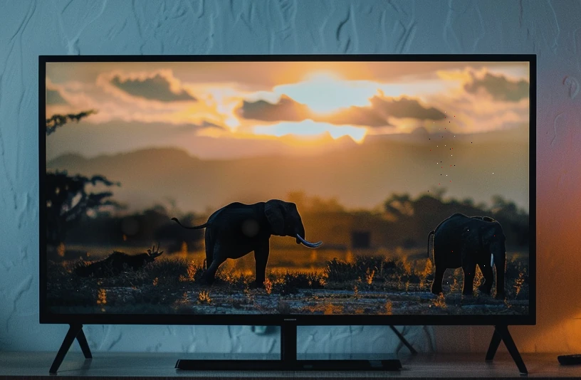 Image d'un téléviseur où on voit une image de deux éléphants en pleine nature. Sur le côté de la télévision, on voit quelques pixels qui ont un défaut de couleur. 