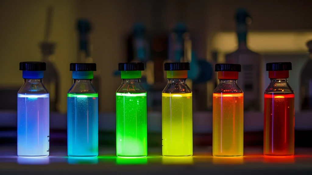 démonstration de l'effet des quantum dots dans des fioles de liquide