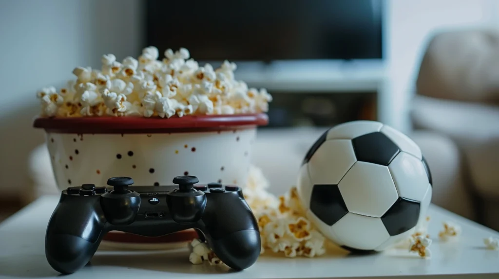 popcorn, ballon de football et manette de jeu