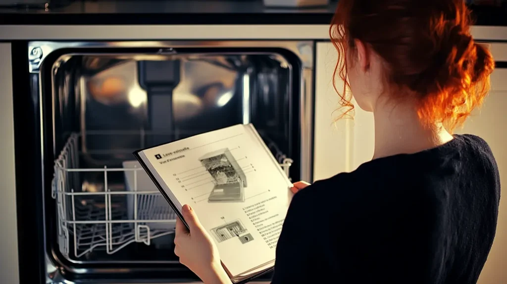 Une femme rousse est devant son lave-vaisselle en train de lire la notice d'utilisation de la machine. 