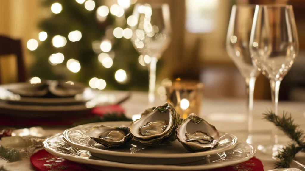 Photo d'une assiette d'huitres le jour de Noël. La table est joliment décorée et il y a un sapin illuminé en fond.  