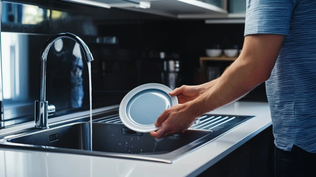 Cette photo montre les bras d'un homme qui fait lave une assiette bleue à la main. La cuisine est moderne et bien rangée. 