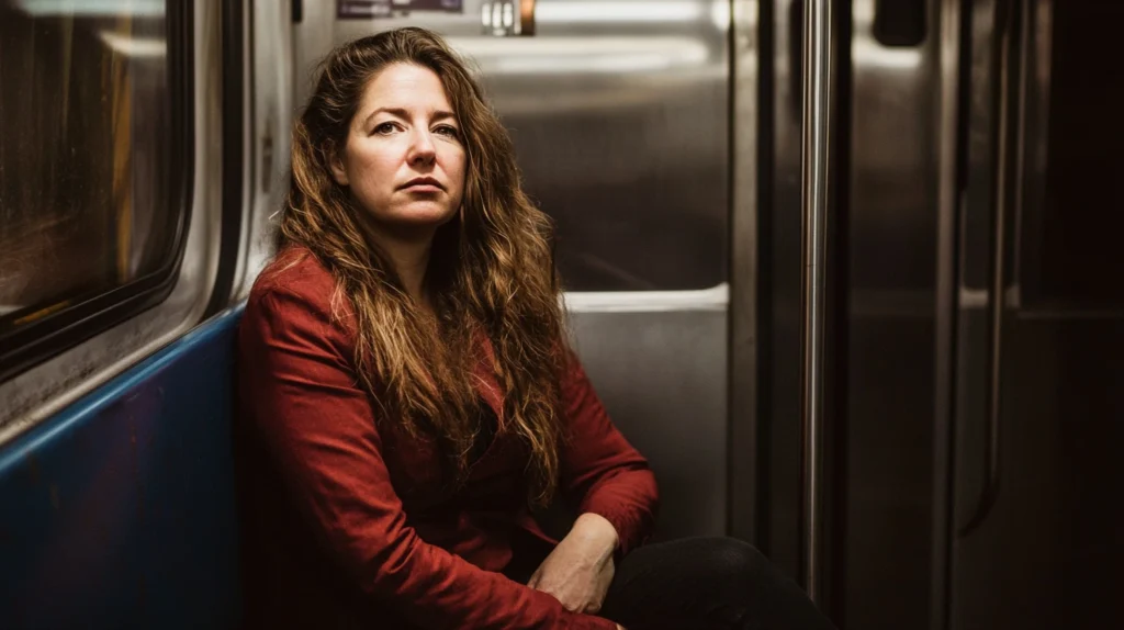 Photo d'une femme âgée d'une quarantaine d'année. Elle est assise dans une rame de métro. 