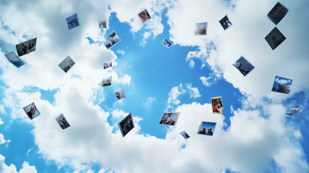 Image d'un ciel avec des nuages, plein de photos souvenir volent dans ce ciel.