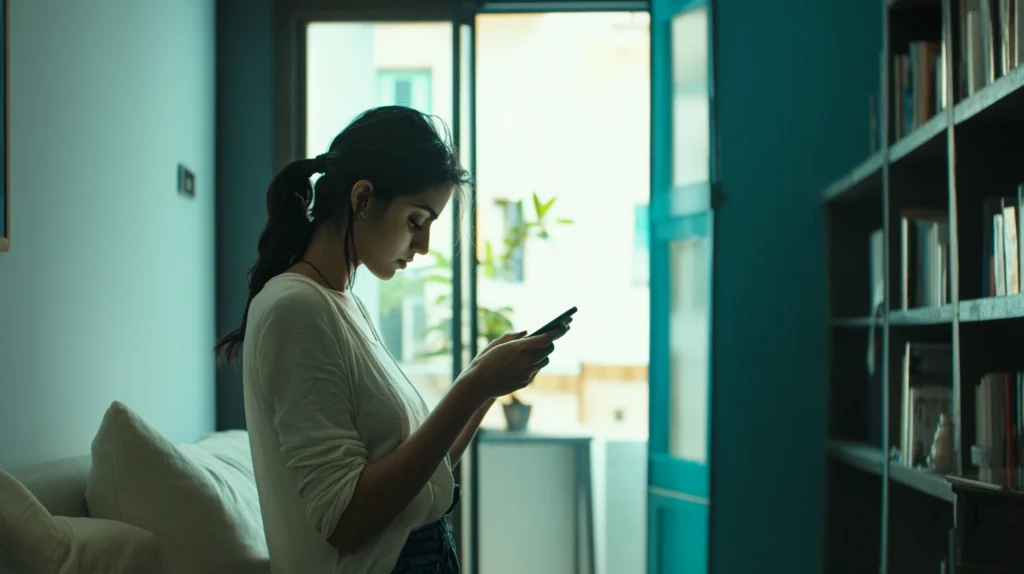 Photo d'une femme brune qui utilise un smartphone dans son salon